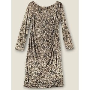LK Bennett London Silk Leopard Print Ruched Sheath Dress Tan Black Womens 10